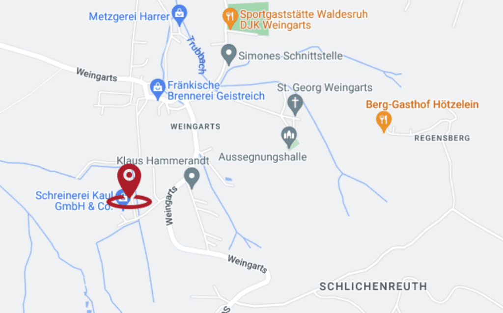 Google Maps Karte der Region Kunreuth, Kirchehrernbach, Bamberg, Schreinerei Kaul